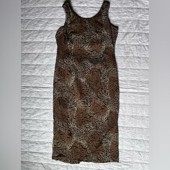 Vintage Tiger Leopard/Cheetah Print Crinkle Midi Dress Mobwife Maximalist -Large - Picture 1 of 11